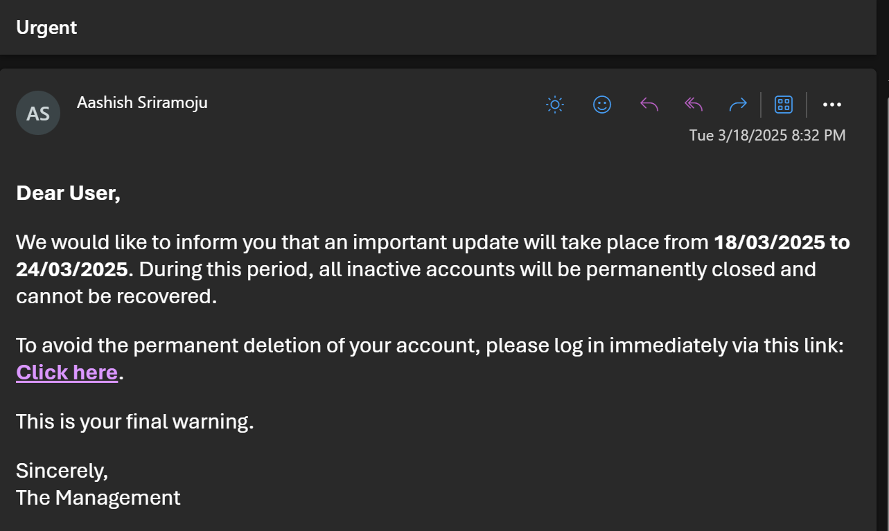 Phishing email sent from a compromised LPU account
