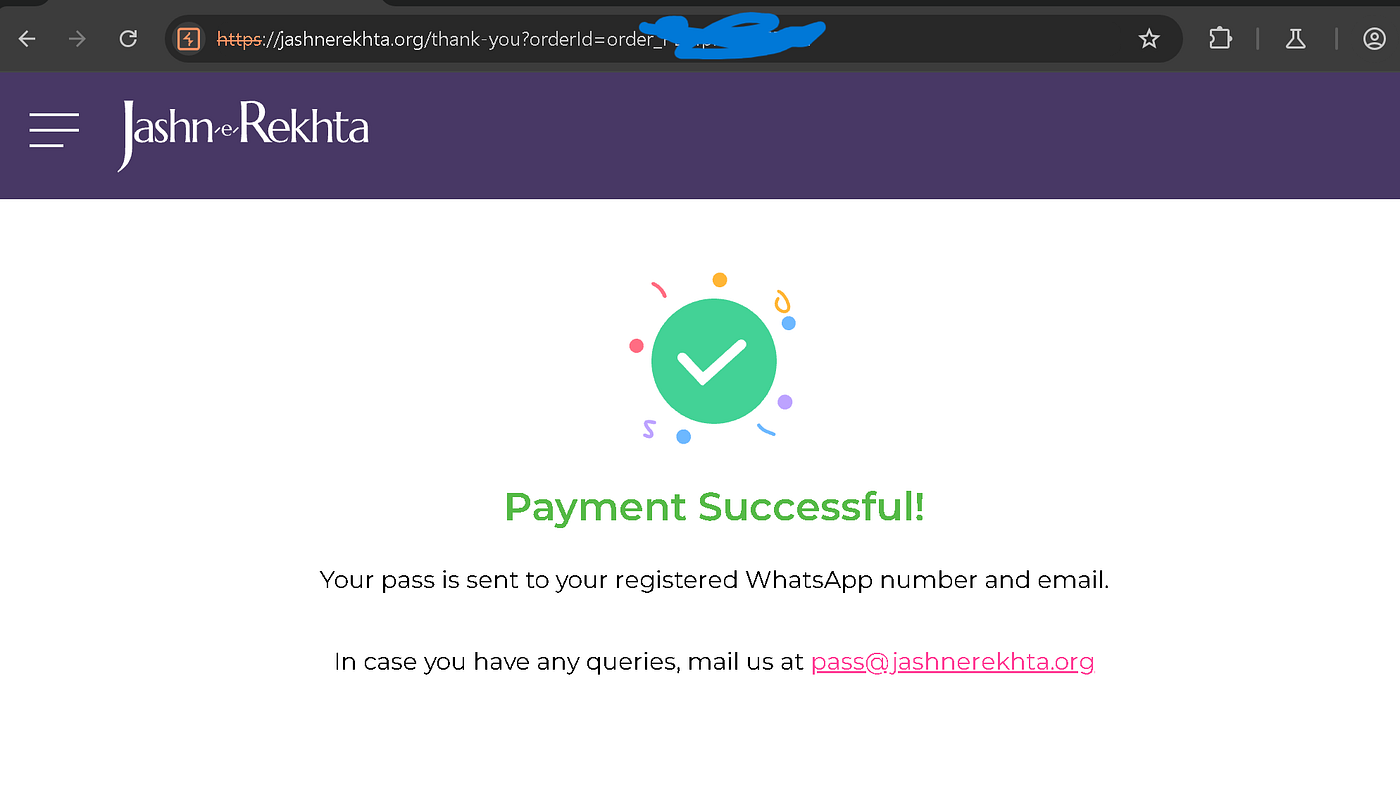 Jashn-e-Rekhta payment successful page with pass confirmation
