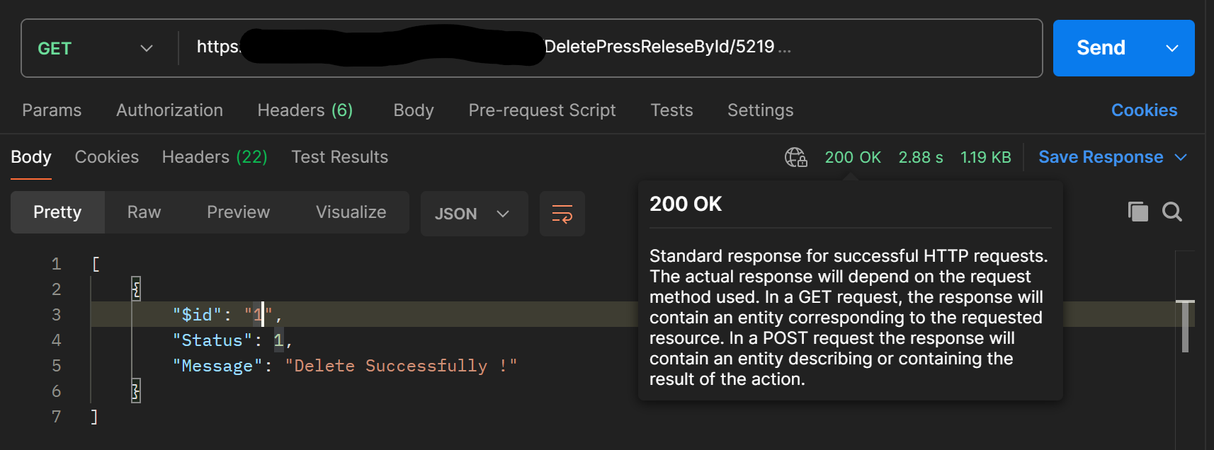 Postman showing successful unauthenticated delete of press release ID 5219